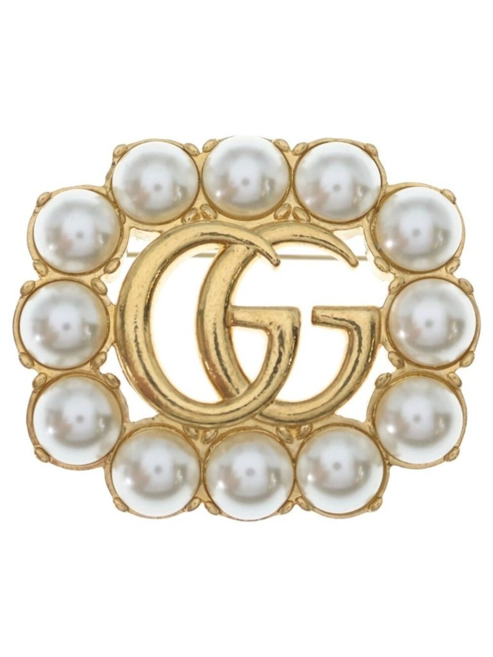 Gucci Double G Faux Pearl Brooch Pin Badge Gold